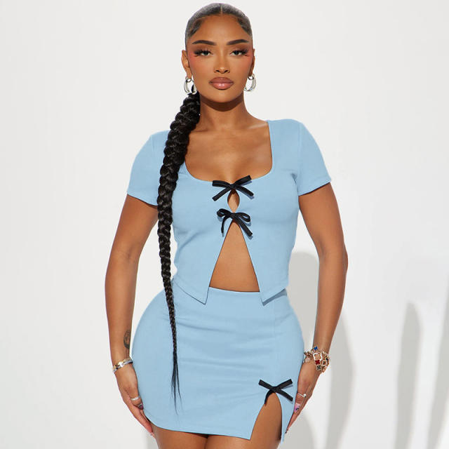 Spring summer sweet bow Short-sleeved tops Hip Skirt suit