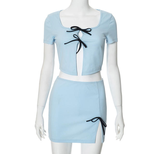 Spring summer sweet bow Short-sleeved tops Hip Skirt suit