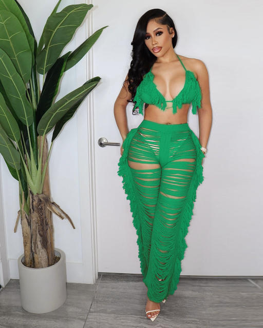 Summer Women Sexy Tassel Knitted Pants Set