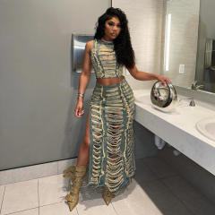 Women's Denim Suit Fashion Personalized Handmade Abraded Vest High-slit Denim Skirt Suit