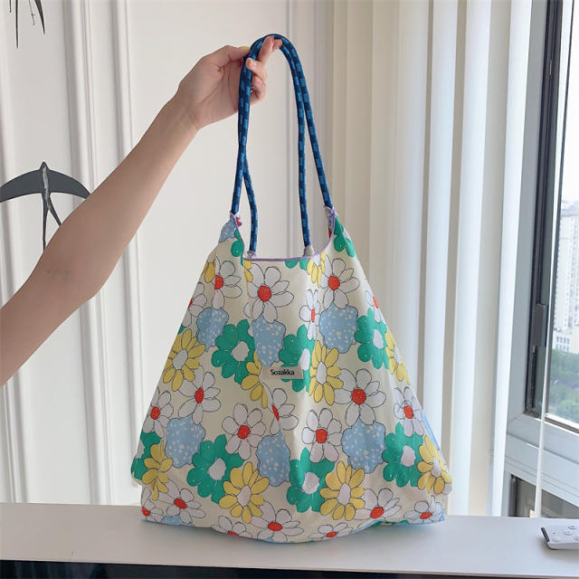 Korean Style Summer Large Capacity Shoulder Bag Drawstring Shopping Bag Fresh Floral Tote bag