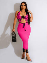 Sexy Butterfly halter neck Knitted Top Tassel Skirt suit