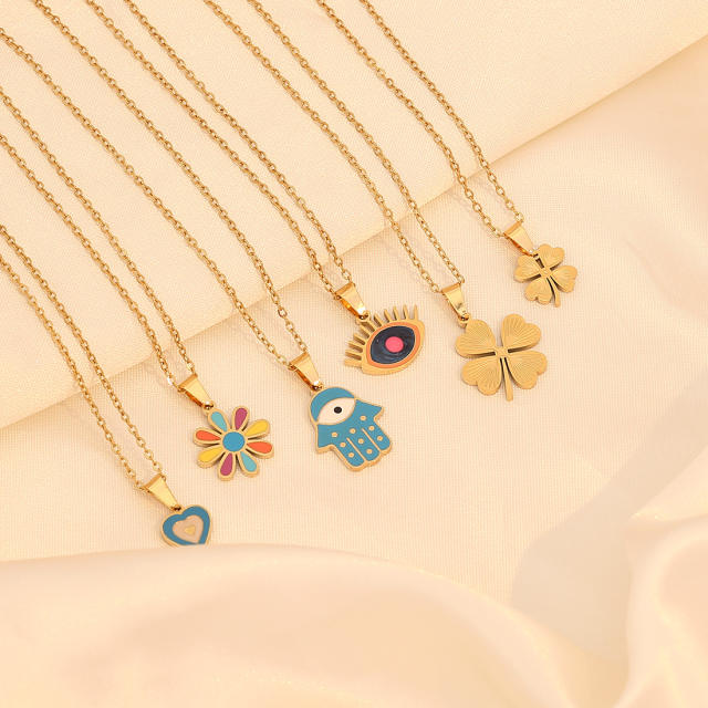 Color enamel flower butterfly heart elephant pendant stainless steel necklace