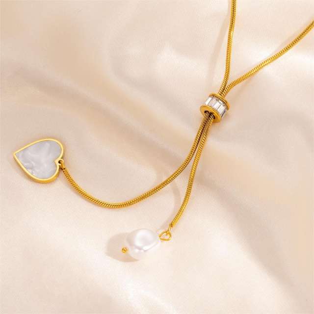 Non-fading Pearl Summer Women's Tassel Heart Necklace stainless steel necklace long necklace