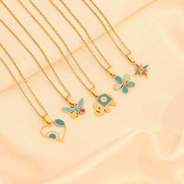 Color enamel flower butterfly heart elephant pendant stainless steel necklace