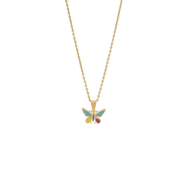Color enamel flower butterfly heart elephant pendant stainless steel necklace