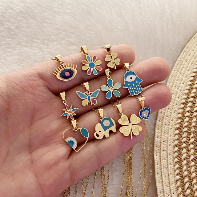 Color enamel flower butterfly heart elephant pendant stainless steel necklace