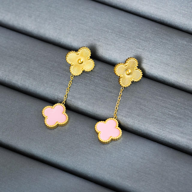 Classic colorful mother shell four leaf clover copper earrings