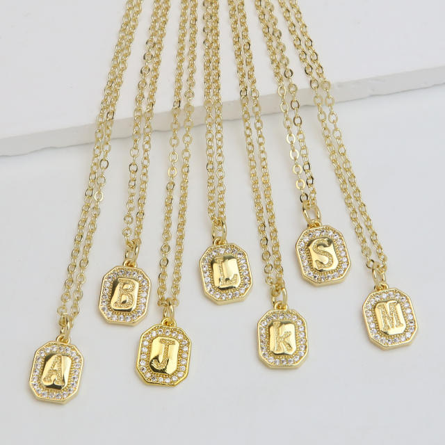 Square Zircon Copper Plated 18K initial letter Pendant Necklace