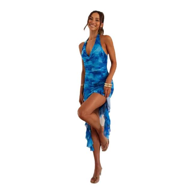 New printed women's sexy V-neck backless halter stitching dress