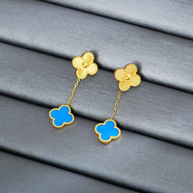 Classic colorful mother shell four leaf clover copper earrings
