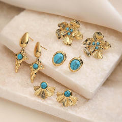 Vintage turquoise stone flower stainless steel earrings
