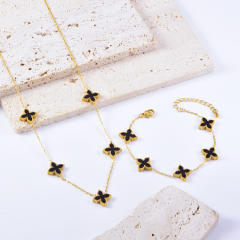 Classic double side black white clover stainless steel necklace bracelet set
