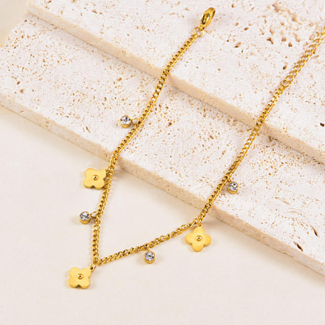Classic clover cubic zircon charm stainless steel anklet