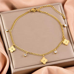 Classic clover cubic zircon charm stainless steel anklet