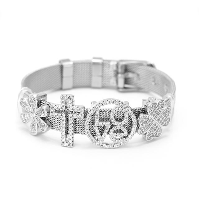 10mm stainless steel bracelet band diamond love heart cross clover charm diy jewelry