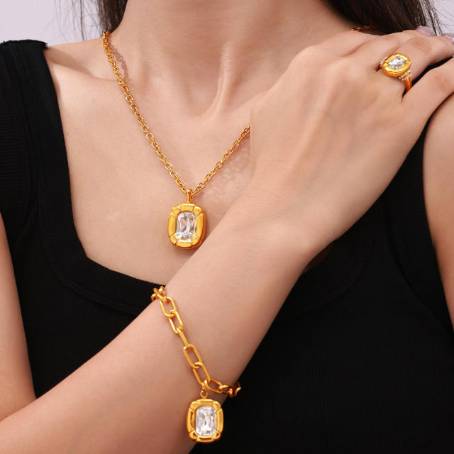 Luxury Simple Texture Oval Diamond block pendant stainless steel necklace bracelet rings set