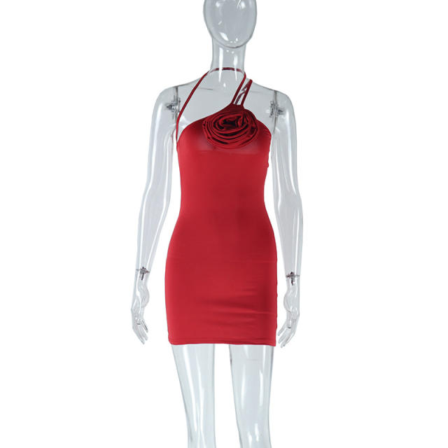 Elegant solid color sexy halter sleeveless three-dimensional flower hip Dress