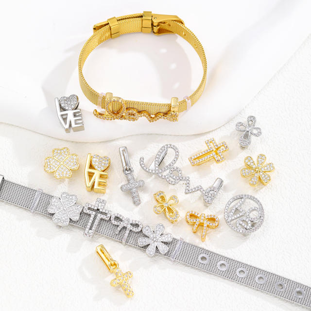 10mm stainless steel bracelet band diamond love heart cross clover charm diy jewelry