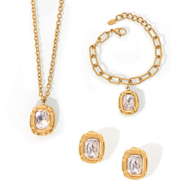 Luxury Simple Texture Oval Diamond block pendant stainless steel necklace bracelet rings set