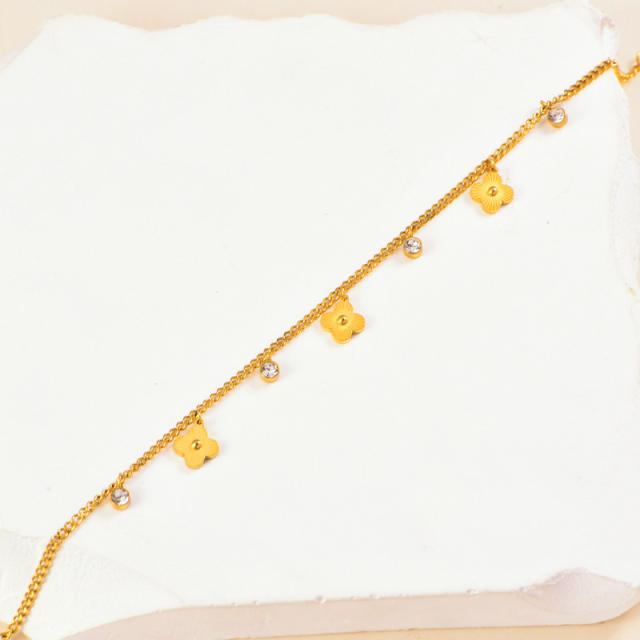 Classic clover cubic zircon charm stainless steel anklet