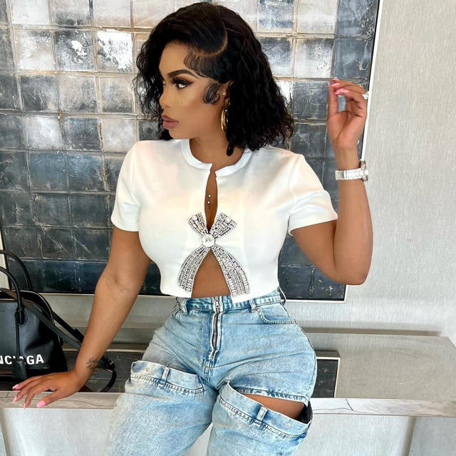 Best Seller Strapless Side Slit Rhinestone bow crop topT T-Shirt For Women