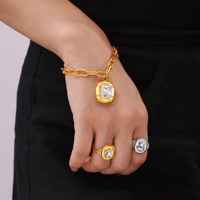 Luxury Simple Texture Oval Diamond block pendant stainless steel necklace bracelet rings set