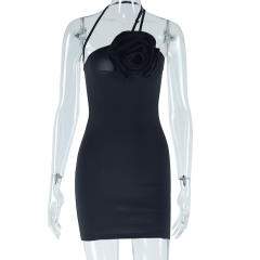 Elegant solid color sexy halter sleeveless three-dimensional flower hip Dress