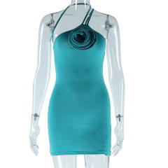 Elegant solid color sexy halter sleeveless three-dimensional flower hip Dress