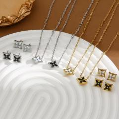 Dainty white black clover stainless steel necklace earrings set