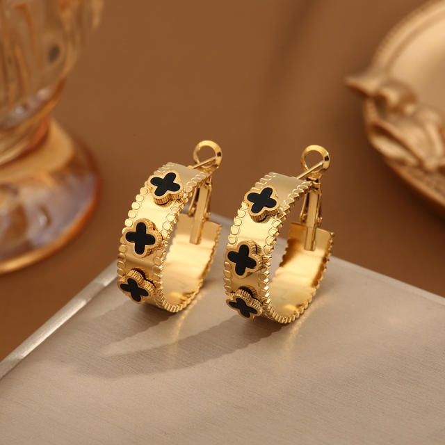 White black clover stainless steel hoop earrings chunky earrings
