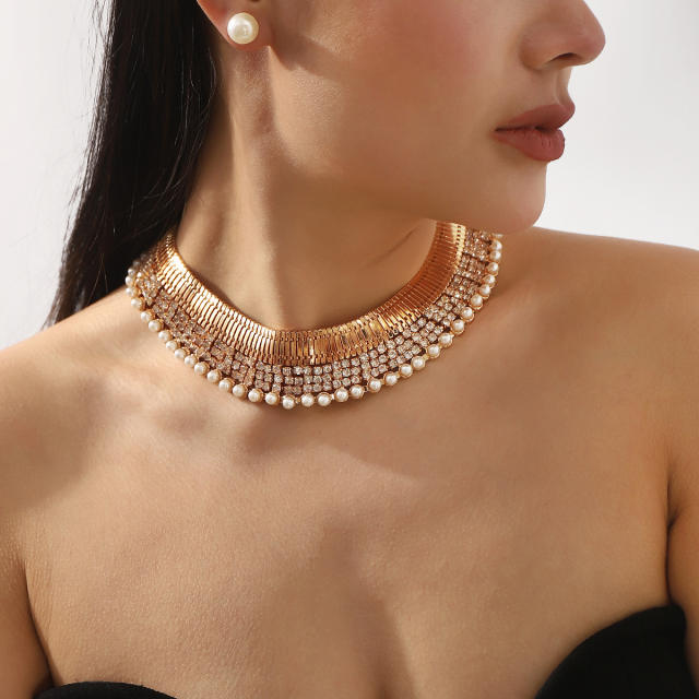 Exaggerated Wide Edition Gold Strap Diamond Neck Chain choker necklace
