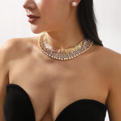 Exaggerated Wide Edition Gold Strap Diamond Neck Chain choker necklace
