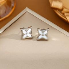 Dainty white black clover stainless steel necklace earrings set