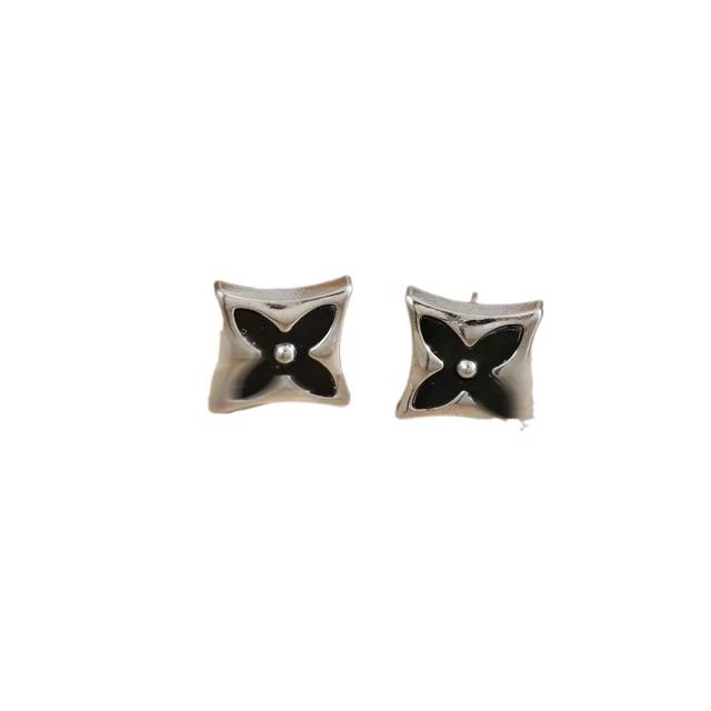 Dainty white black clover stainless steel necklace earrings set