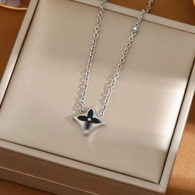 Dainty white black clover stainless steel necklace earrings set