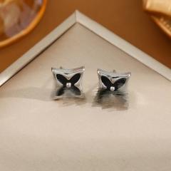 Dainty white black clover stainless steel necklace earrings set