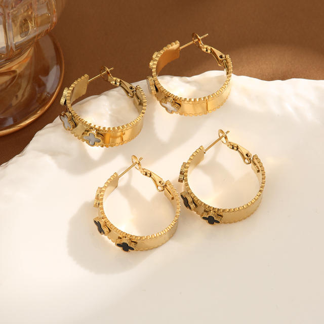 White black clover stainless steel hoop earrings chunky earrings