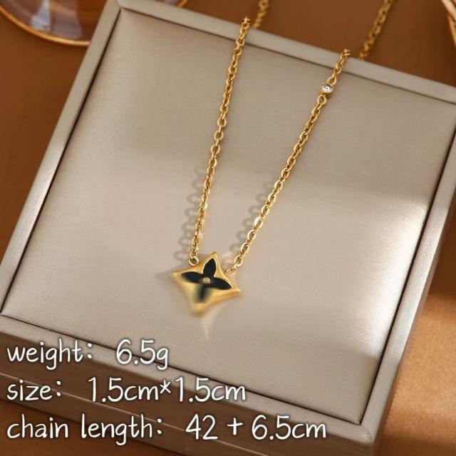 Dainty white black clover stainless steel necklace earrings set