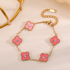 Chic rhinestone clover colorful stainless steel bracelet for women