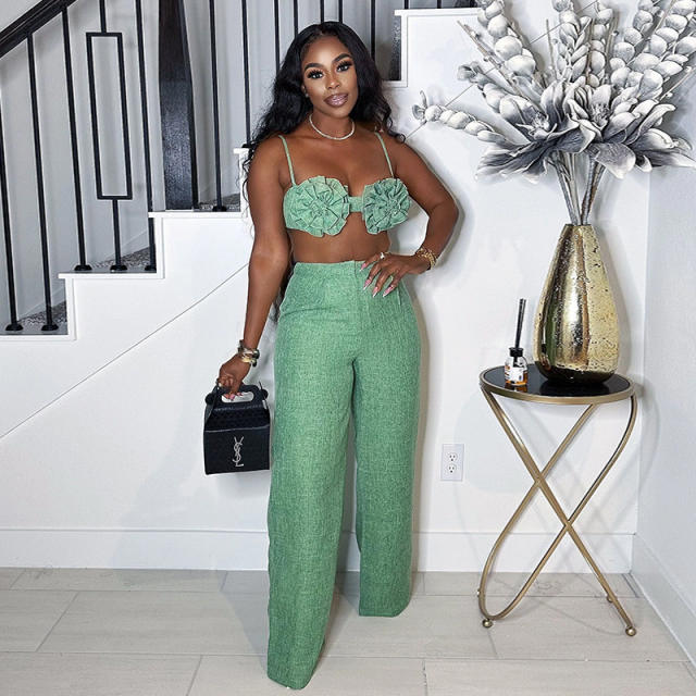 Autumn New Sweet Fresh Strap Tube Top High Waist Straight Casual Pants Two-piece Set
