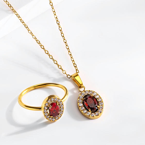 Hot Selling Oval ruby Titanium Steel suit Set Zircon Chain Four-piece Light Luxury Niche Jewelry suit