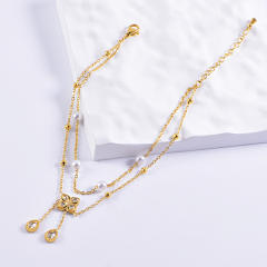 Pealr bead two layer clover stainless steel anklet