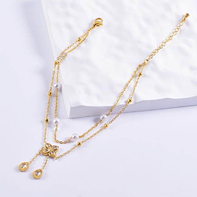 Pealr bead two layer clover stainless steel anklet