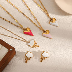 Sweet enamel heart cloud pendant stainless steel necklace
