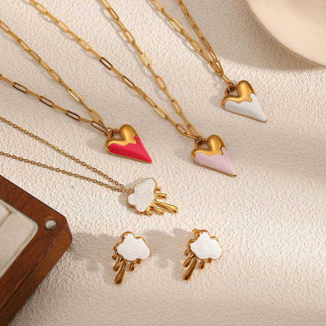 Sweet enamel heart cloud pendant stainless steel necklace