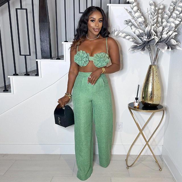 Autumn New Sweet Fresh Strap Tube Top High Waist Straight Casual Pants Two-piece Set