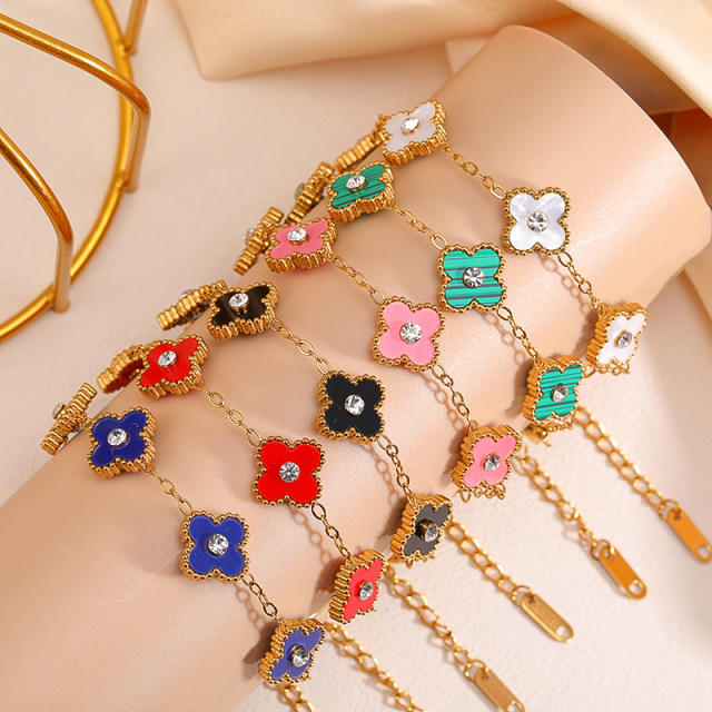 Chic rhinestone clover colorful stainless steel bracelet for women