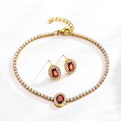 Hot Selling Oval ruby Titanium Steel suit Set Zircon Chain Four-piece Light Luxury Niche Jewelry suit