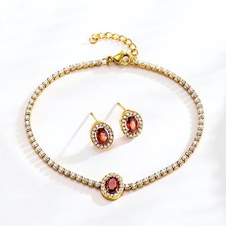 Hot Selling Oval ruby Titanium Steel suit Set Zircon Chain Four-piece Light Luxury Niche Jewelry suit